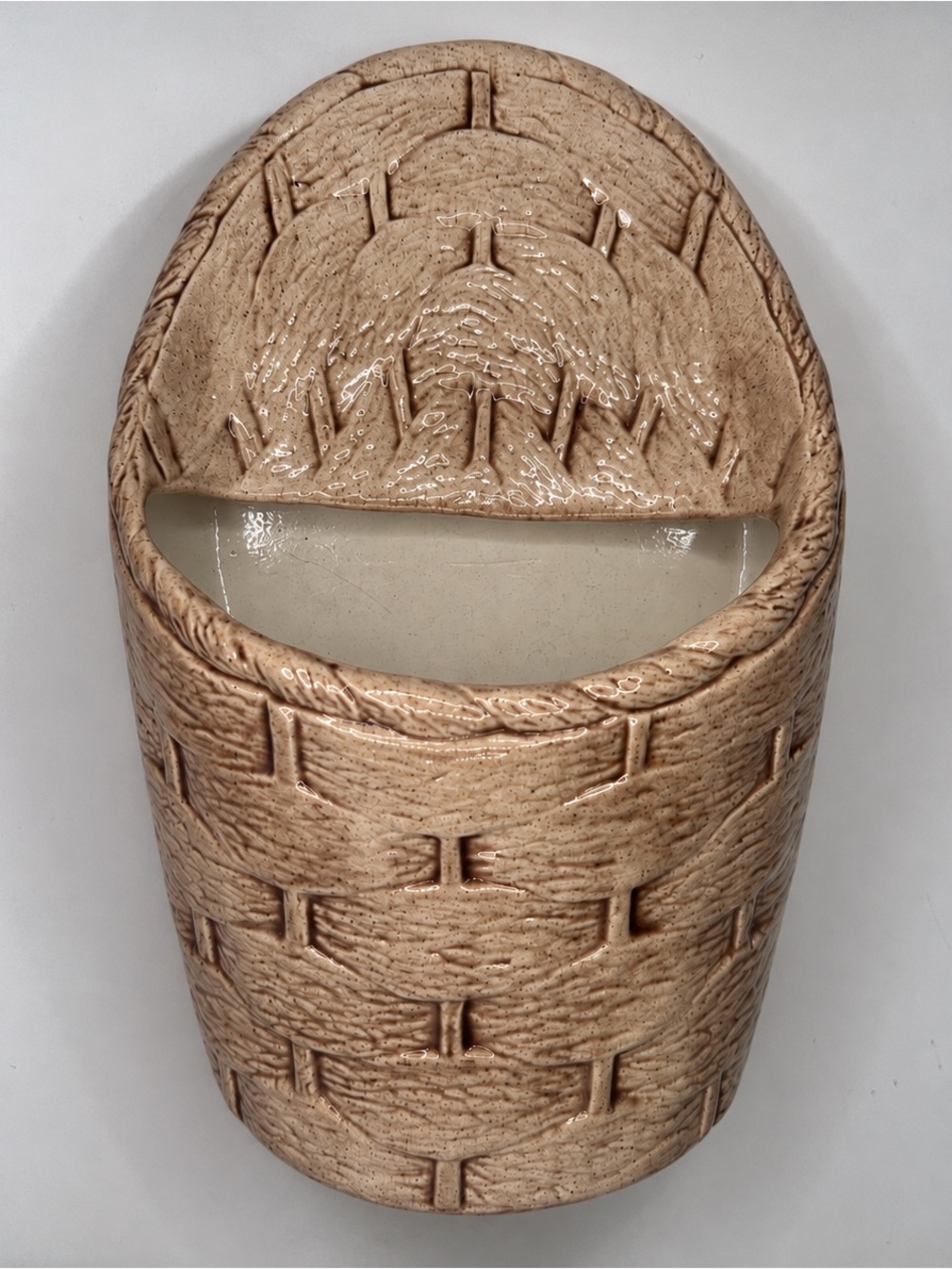 Vintage Ceramic Wall Pocket Planter | 1970s Woven Basket Texture, Speckled Glaze